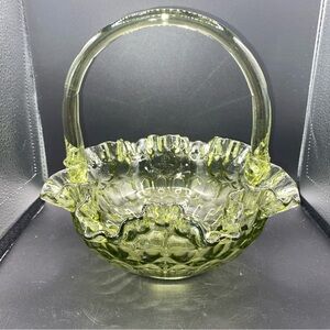 Fenton Glass Colonial Olive Green Thumbprint Glass Basket approx. 8” Vintage